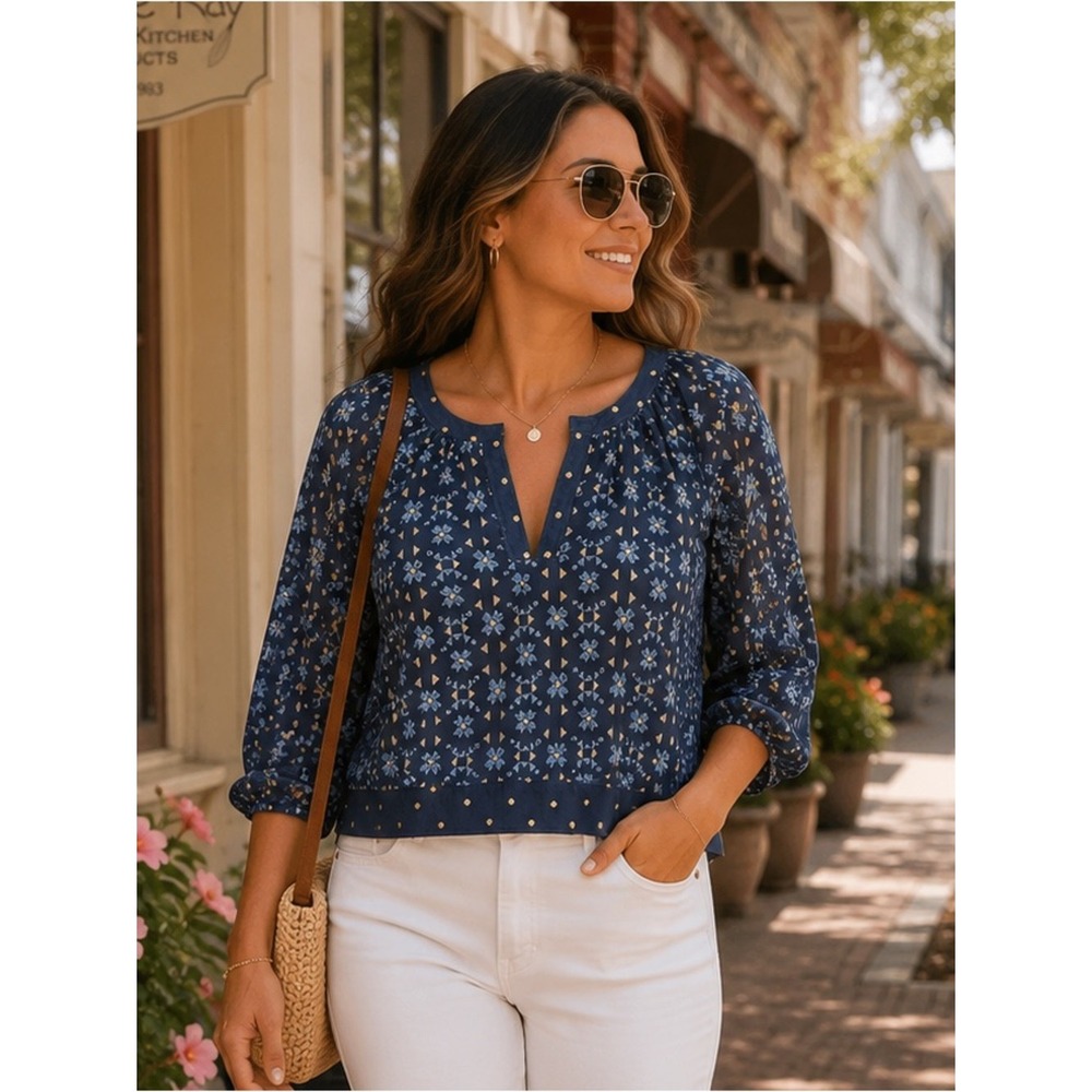Hollister Blue Sheer Chiffon Peasant Blouse Women's XS Gold Stud Floral Boho Top